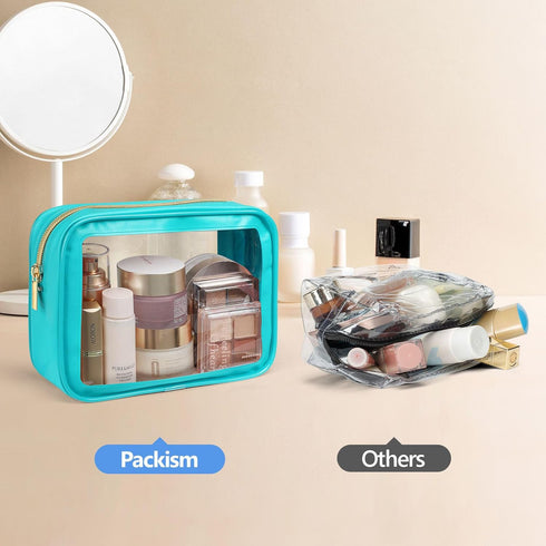 PACKISM TSA Approved Clear Makeup Bag - 3 Pack Upgrade Color-Edged Toiletry Bag for Various Storage Needs (Turquoise)