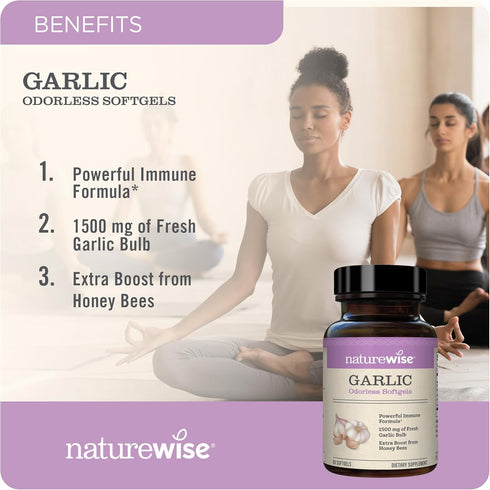 NatureWise Odorless Garlic Pills 1500 mg, with Royal Bee Jelly & Bee Pollen, 60 Softgels