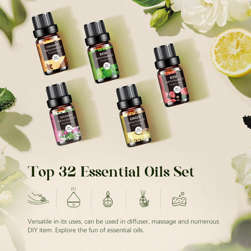 Set 32x5ml Essential Oils - Pure Aromatherapy Essential Oils Kit for Diffuser, Humidifier, Aromatherapy, Massage, Skin