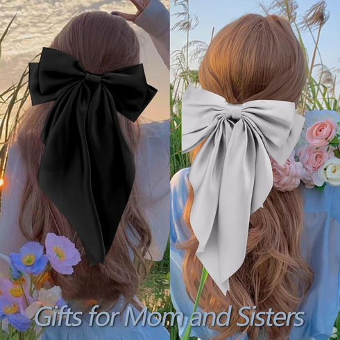 Velscrun Hair Bows for Women and Girls - 4Pcs White Silky, Navy Blue Satin, Grey Big Hair Bows