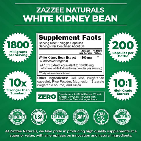 Zazzee White Kidney Bean 10:1 Extract, 1800 mg per Serving, 200 Vegan Capsules, Non-GMO, Made in USA