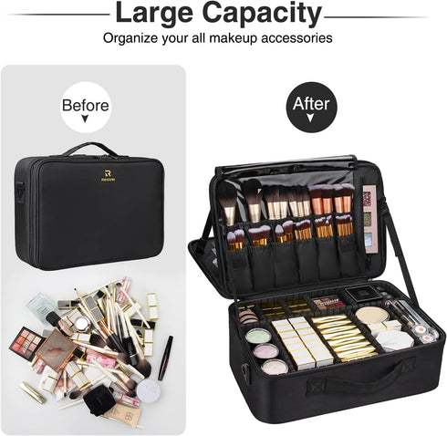 MONSTINA 3 Layers Large Capacity Makeup Case, 16.5'' Cosmetic Organizer Brush Bag for Makeup Artists
