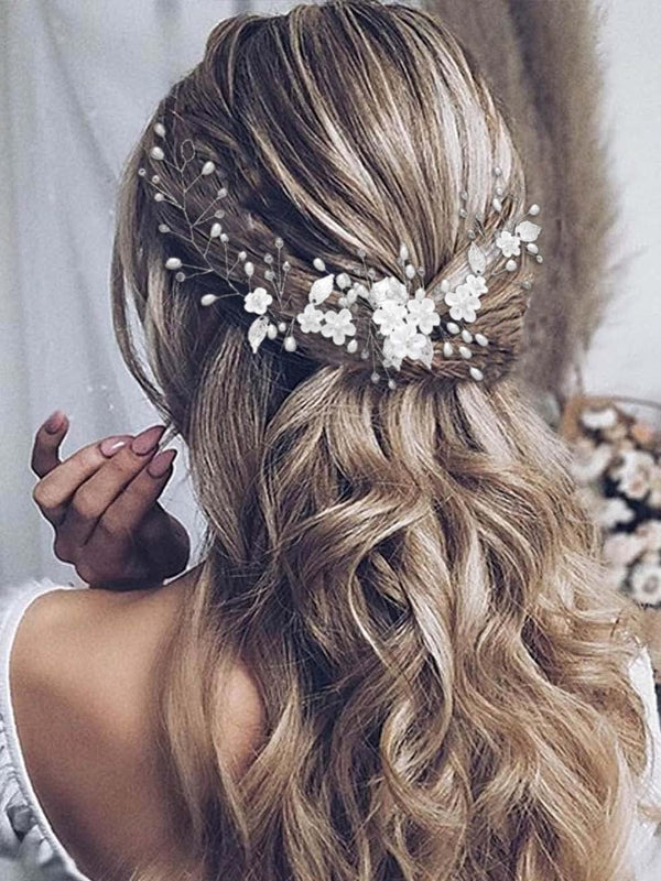 Unicra Silver Bride Wedding Hair Vine, Pearl Bridal Hair Piece with Leaf Hair Accessories (12.5 Inches)
