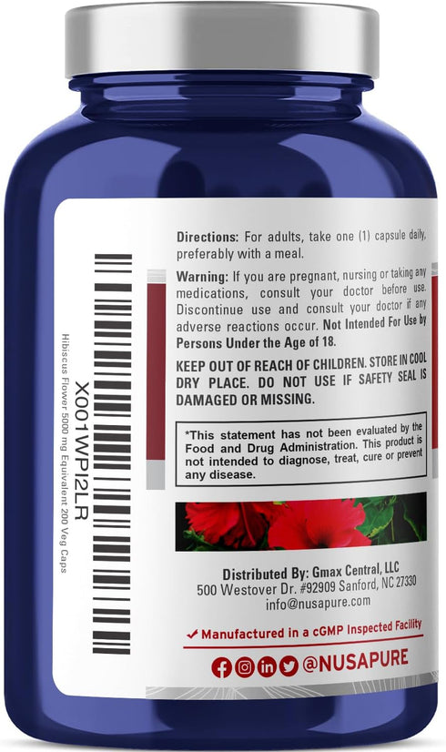 NusaPure Hibiscus Flower 10:1 Extract - 500 mg Equivalent to 5000mg, 200 Vegetarian Caps