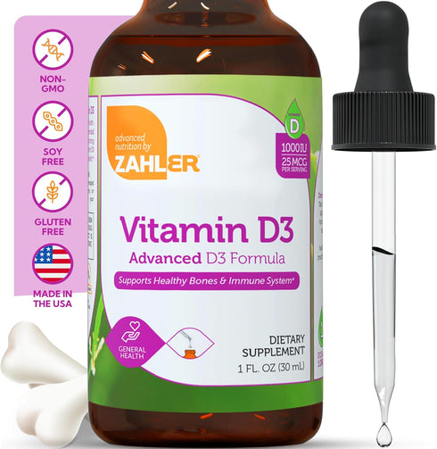 Zahler Liquid Vitamin D3 1000 IU Adult Supplement for Women & Men, Vegetarian Kosher Non-GMO, 1 fl oz