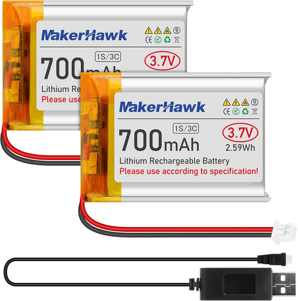 MakerHawk 3.7V Lipo Battery 700mAh Rechargeable Lithium Polymer Battery 603040 Micro Ph1.25 Connector