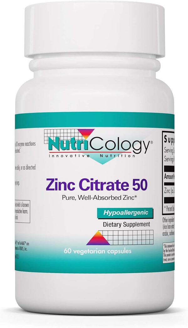 Nutricology Zinc Citrate Supplement, 50mg Vegetarian Capsules, Immune Support, 60 Count