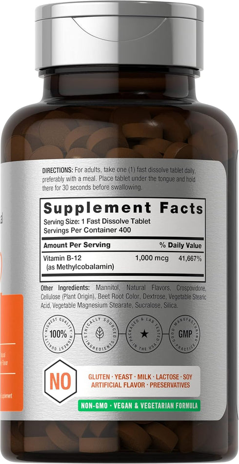 Horbaeach Vitamin B12 Sublingual 1000 mcg | 400 Fast Dissolve Tablets | Methylcobalamin Supplement for Adults | Natural Berry Flavor | Vegan, Vegetarian, Non-GMO, and Gluten Free