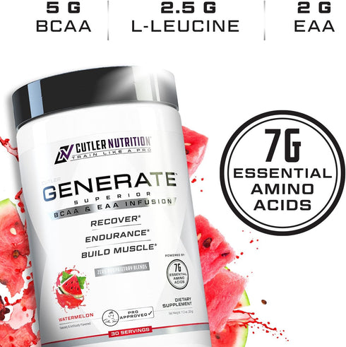 Generate EAA and BCAA Powder: Post Workout Recovery Drink with 5g BCAAs, 2g EAAs for Lean Muscle Mass - Watermelon, 30