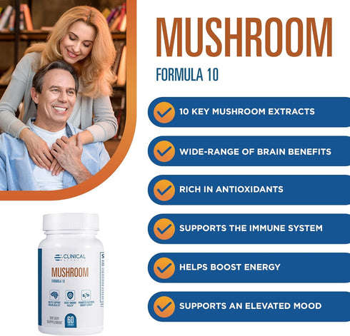 Clinical Effects Mushroom Formula 10, Natural Supplement for Focus, Mood, Brain Booster Support, 60 Veggie Capsules