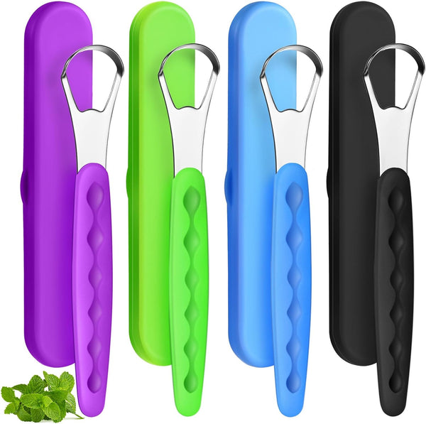 4 Pcs Stainless Steel Tongue Scraper Cleaner for Adults and Kids, Travel Cases for Oral Mouth Care (Green, Blue, Black,