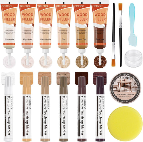 Wood Furniture Repair Kit, 6 Oak Color Wood Fillers with 6 Touch Up Markers and Polish Wax for Wooden Stains