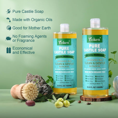 Yoken Pure Castile Soap Liquid, Unscented, 67 fl oz, Organic Oil, Vegan, Natural Multi-purpose Soap