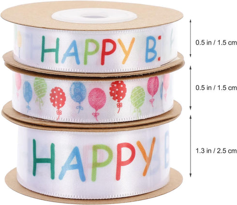 3 Rolls Happy Birthday Ribbon Roll Wide Satin Ribbon Happy Birthday Balloons Ribbon Wrapping Ribbon for Party Decoration by Amosfun
