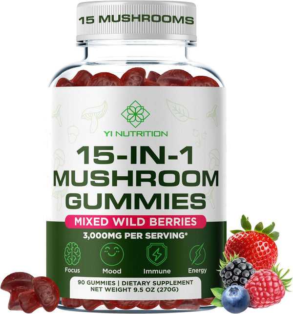 Yi Nutrition 15-in-1 Sugar-Free Mushroom Complex Gummies 10:1 Extract - Lion's Mane, Cordyceps, Chaga,