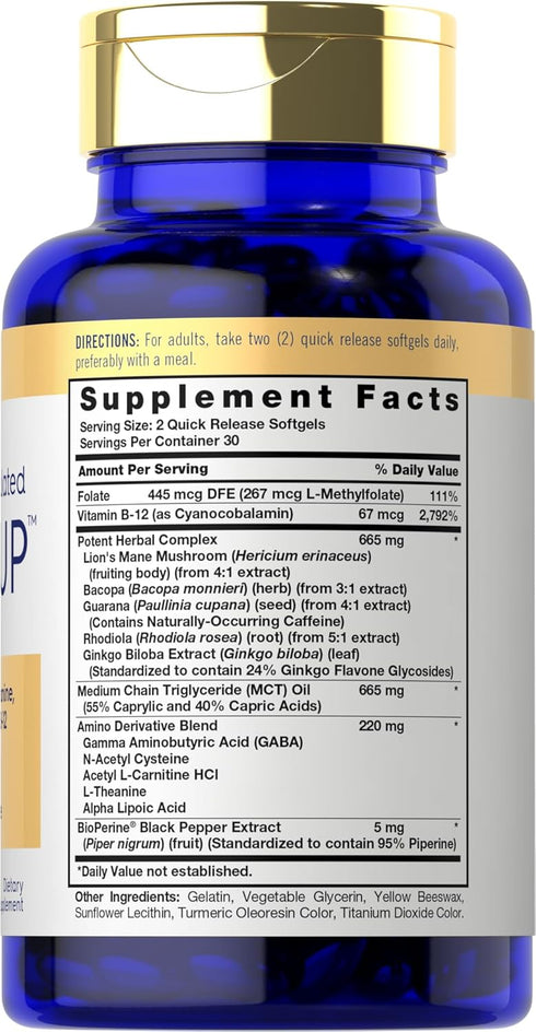 Carlyle Brain Up Supplement | 60 Softgels | with L-Theanine, Bacopa & B-12 | Non-GMO, Gluten Free