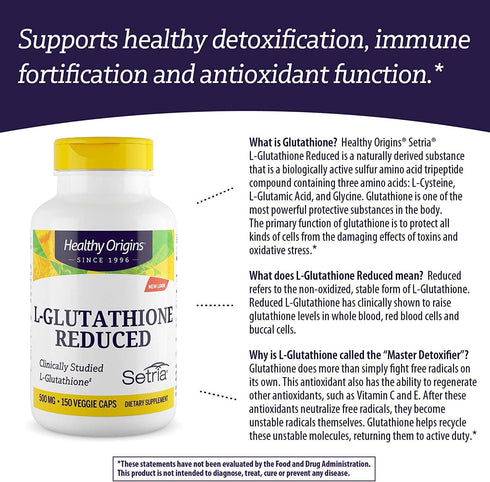 Healthy Origins L-Glutathione (Setria) Reduced, 500 mg, Immune Support Supplement, 150 Veggie Capsules