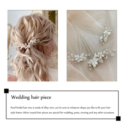 Unicra Bridal Flower Hair Pins, Wedding Pearl Hair Piece Crystal Accessories for Women and Girls (Pack of 3) (A-Silver)