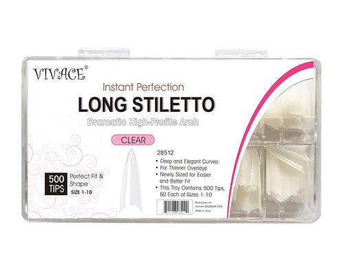 VIVACE Clear Long Stiletto Gel Nail Tips, 500pcs, 10 Sizes with Clear Plastic Case for Nail Salon