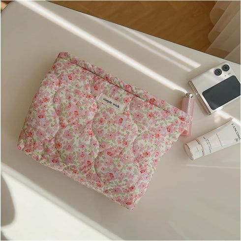 Quilted Floral Cotton Makeup Pouch, Coquette Cosmetic Bag for Women and Girls, Aesthetic Organizer Bag (01 Pink Little