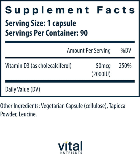 Vital Nutrients Vitamin D 2000 IU | D3 Supplement for Healthy Bones, Teeth, Muscles | 90 Capsules