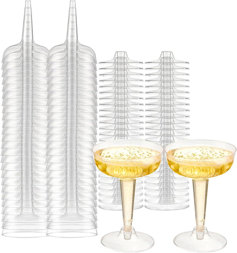Oasis Creations Plastic Champagne Glasses Set, 50 Count, 4 Ounce Stem Cups for Birthday Party, Wedding Reception and