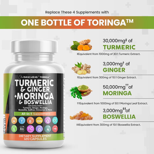 Turmeric Curcumin 30000mg, Ginger 3000mg, Moringa 50000mg, Joint Support Supplement for Women and Men, 120 Caps