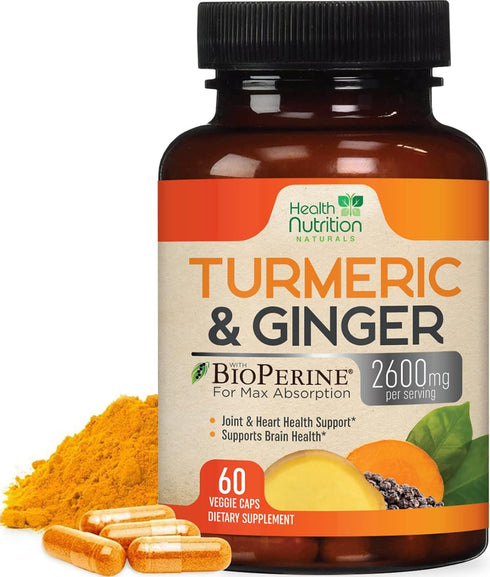 Turmeric Curcumin with BioPerine & Ginger 2600mg, Natural Joint & Heart Support, 60 Capsules