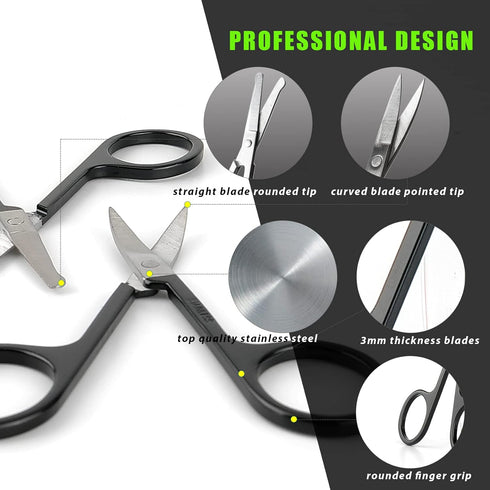 Small Facial Hair Grooming Scissors for Men Women - 2PCS Black Eyebrow, Nose Hair, Mustache, Beard Trimming Kit