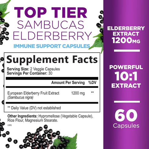 Elderberry Immune Support 10:1 Extract Capsules - Daily Immune Support Supplement for Adults, Natural Sambucus Black Elderberry Vitamins, Vegan Vitamin, Sugar & Gluten Free, Non-GMO - 60 Count