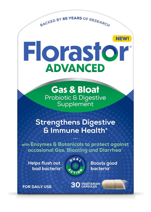 Florastor Advanced Gas & Bloat Probiotic, 30 Capsules, Digestive Enzymes & Botanicals for Digestive Health