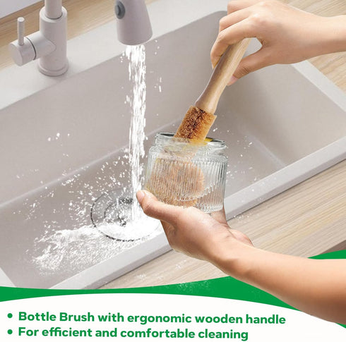 Set 5 Packs 4 Bamboo Dish Brush - Natural Wooden Kitchen Brush, Dish Scrubbers with One Replacement Head, Cleaning