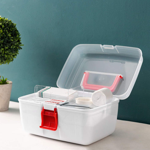 MyGift 10 Inch Portable White Plastic Storage Box with Removable Tray, Clear Lid, Red Handle and Latch Lock