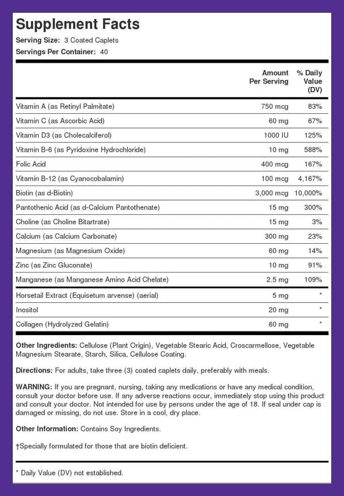 Piping Rock Hair Skin and Nails Vitamins | 120 Caplet Pills | 3000 mcg Biotin with Collagen, Non-GMO