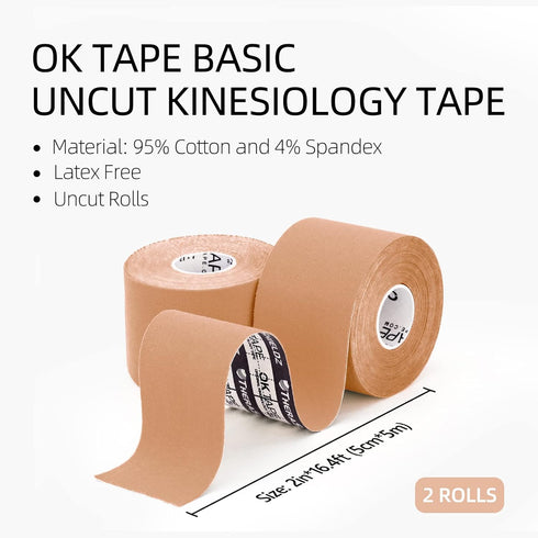 OK TAPE Basic Original Cotton Kinesiology Tape - 2 Pack, Elastic Water Resistant Therapeutic Athletic Tape for Pain