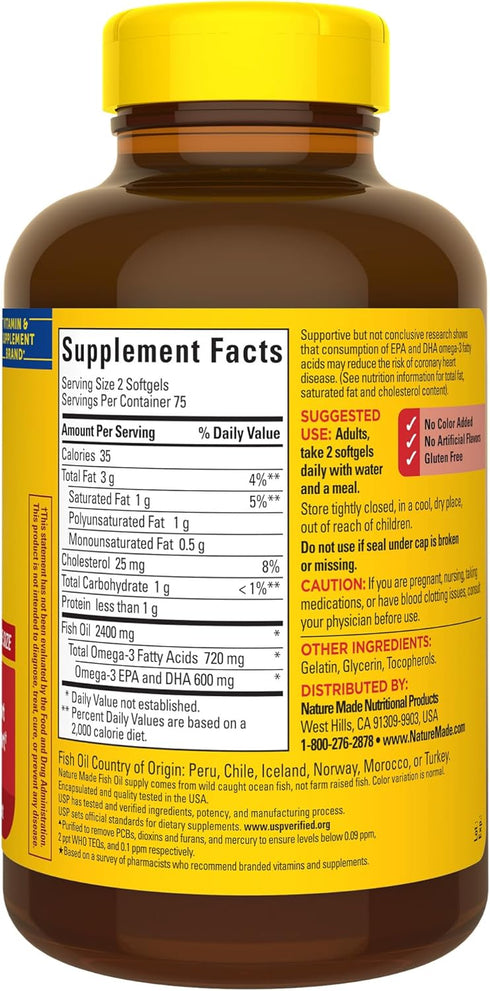 Nature Made Fish Oil 1200 mg Softgels, 150 Softgels - Omega 3 Supplement for Healthy Heart Support