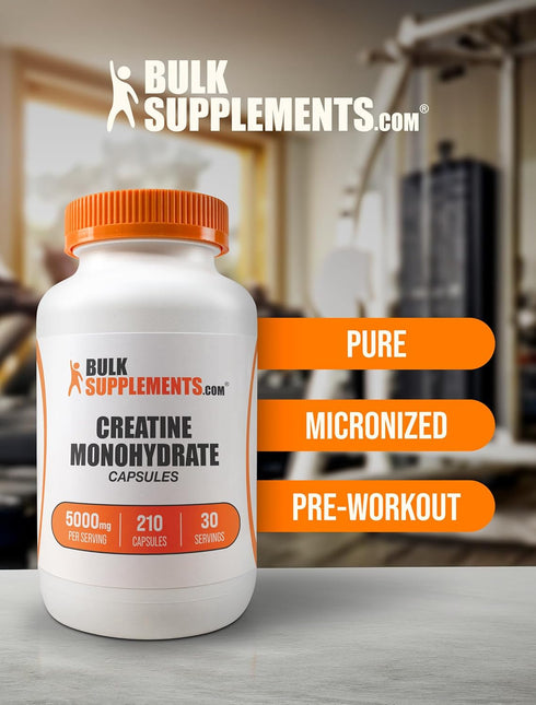 BulkSupplements.com Creatine Monohydrate Capsules, Micronized Creatine Pills, 5000mg, Gluten Free, 210 Capsules