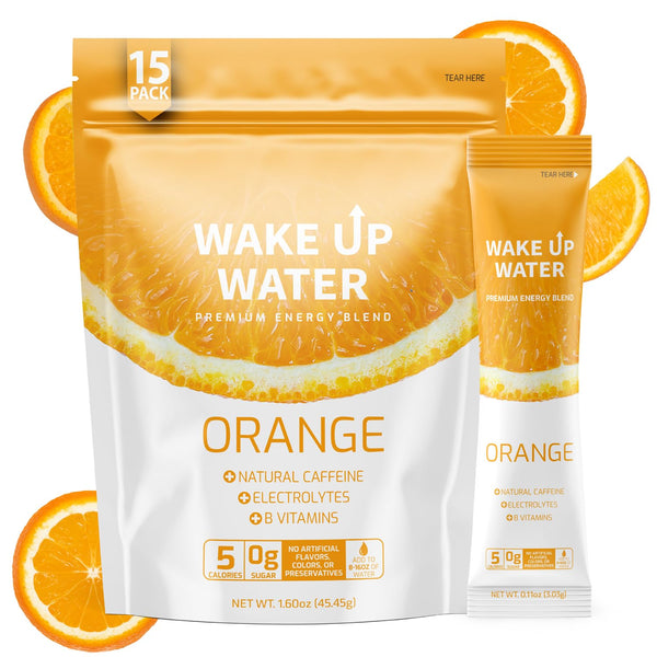Wake Up Water - Energy + Hydration Packets (15 Pack), Orange Flavor - Electrolytes Powder Drink Mix, Sugar Free