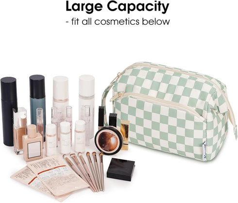 Narwey Large Mint Green Checkerboard Makeup Bag, Wide-open Travel Cosmetic Organizer