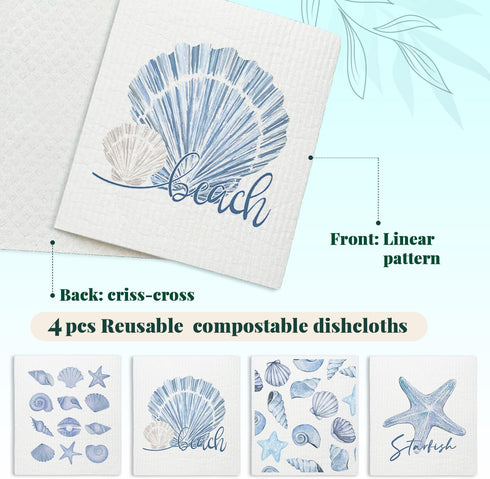 LARTSFRO 4 Pack Beach Ocean Swedish Dishcloths for Kitchen, Shells Swedish Dish Cloths for Ocean, Dish Towels