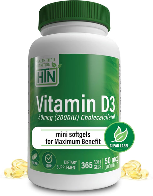 Health Thru Nutrition Vitamin D3 2000IU, 365 Mini Softgels, Non-GMO USP Grade in Organic EVOO