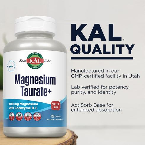 KAL Magnesium Taurate 400mg Plus Vitamin B6, Chelated Magnesium Supplement, High Absorption Complex, 60-Day Guarantee