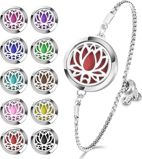 YWLI Essential Oil Diffuser Bracelet Aromatherapy Locket Adjustable Stainless Steel Lotus Bracelet with