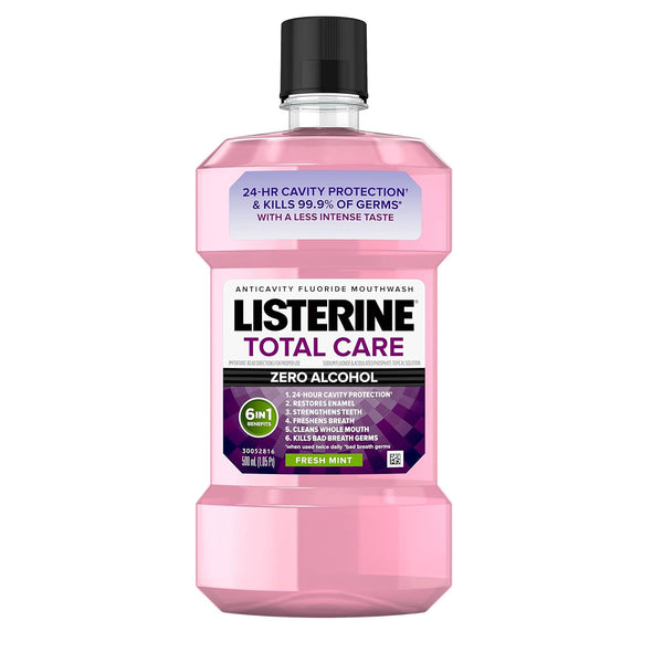 Listerine Total Care Alcohol-Free Mouthwash, 6 Benefit Oral Rinse, 500 mL Fresh Mint Flavor, Kills 99% Germs