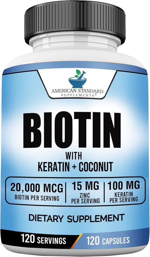 Biotin 20,000mcg with Keratin, Coconut Powder, and Zinc - Hair Growth Supplements for Healthy Hair, Skin & Nails