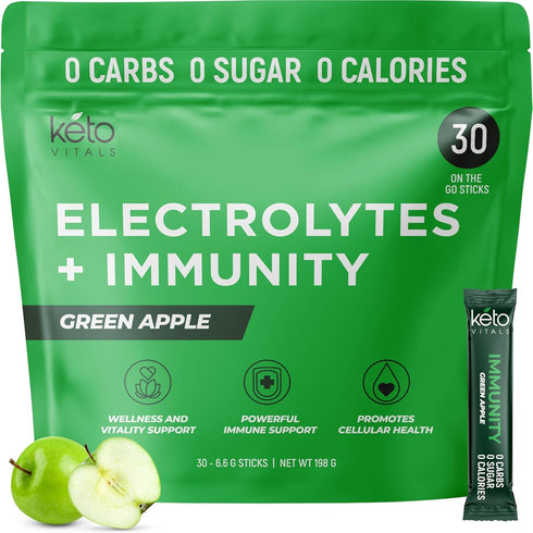 Keto Vitals Immunity Sugar Free Electrolytes Powder with Vitamin C, Green Apple Flavor, 30 Count