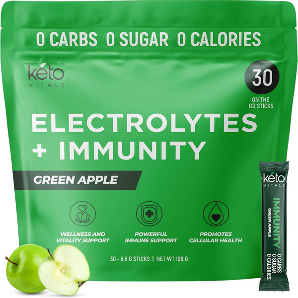 Keto Vitals Immunity Sugar Free Electrolytes Powder with Vitamin C, Green Apple Flavor, 30 Count