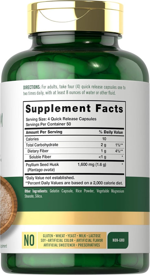 Carlyle Psyllium Husk Capsules 1600mg | 200 Count | High Potency Fiber Supplement | Non-GMO, Gluten Free