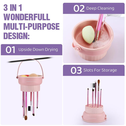Makeup Brush Cleaner Mat 3 in 1 Silicone Makeup Brush Cleaner Bowl Cosmetic Brushes Cleaning Tool Organizer for Storage & Air Dry (Purple)