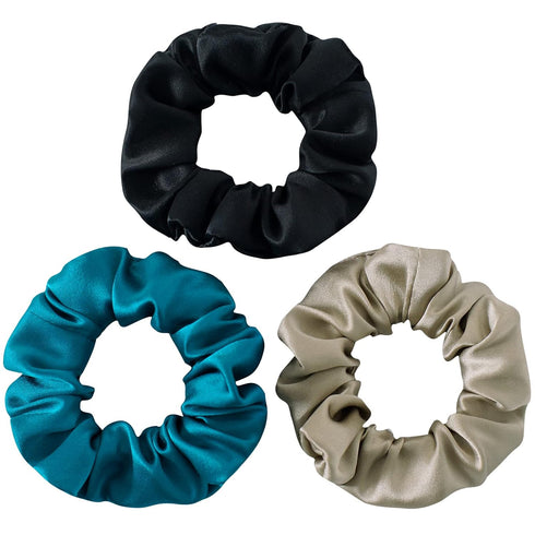 MulberrySilk Hair Scrunchies for Women, 3 Pack Silk Hair Ties for Sleep, Black, Taupe, Peacock Blue